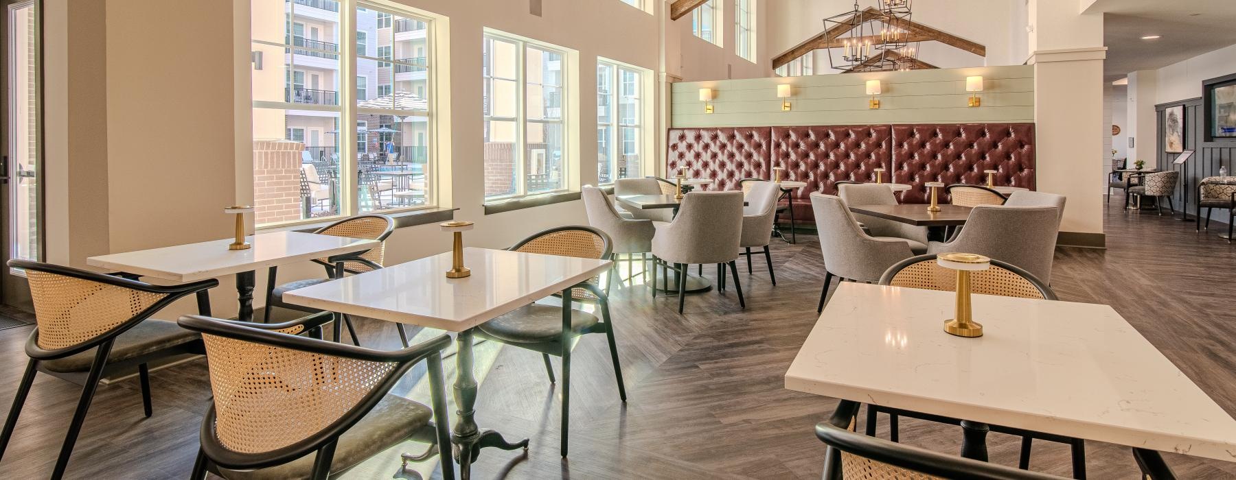 a room with tables and chairs