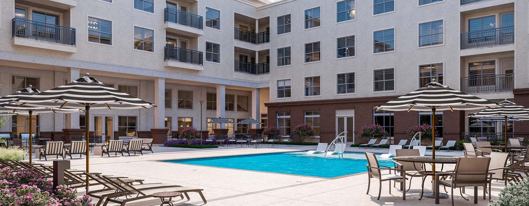 a pool in front of a building